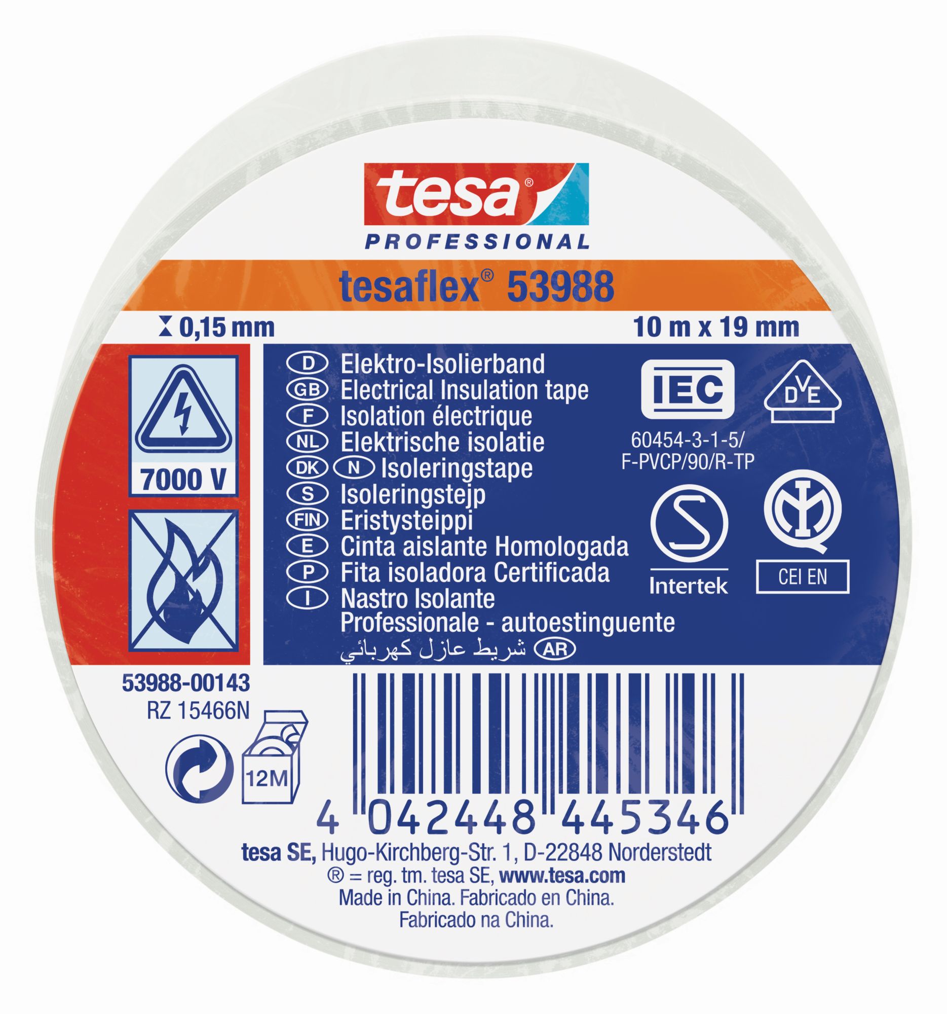 tesa 53988 Cinta Aislante Homologada 10m x 19mm Blanco