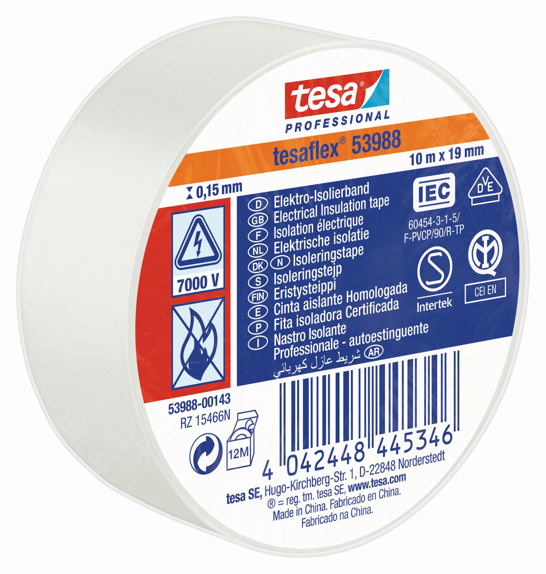 tesa 53988 Cinta Aislante Homologada 10m x 19mm Blanco