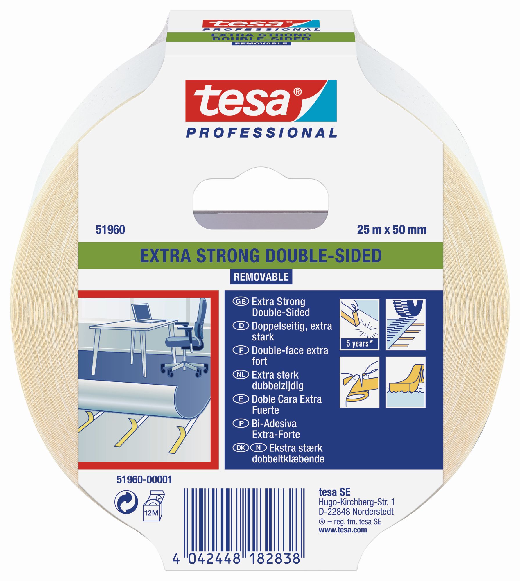 tesa 51960  Doble cara Extrafuerte - Removible 25m x 50mm