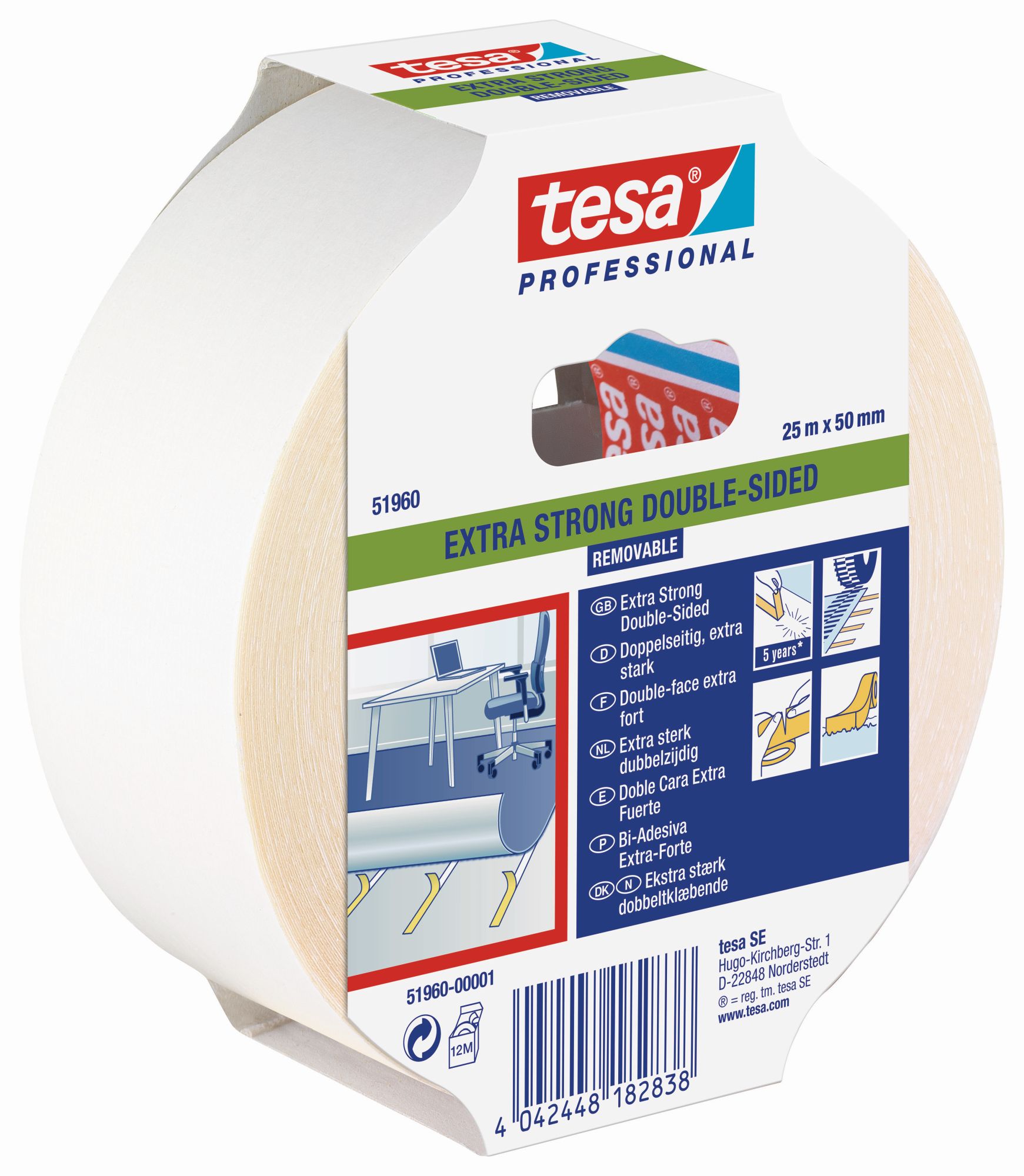 tesa 51960  Doble cara Extrafuerte - Removible 25m x 50mm