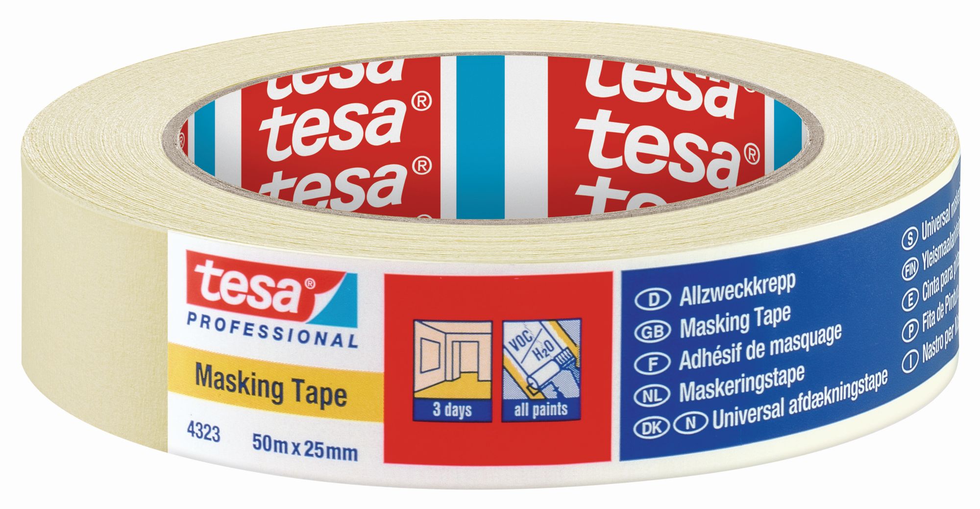 tesa 4323 Cinta para pintar de uso general - Etiquetado individual, 50m x 25mm