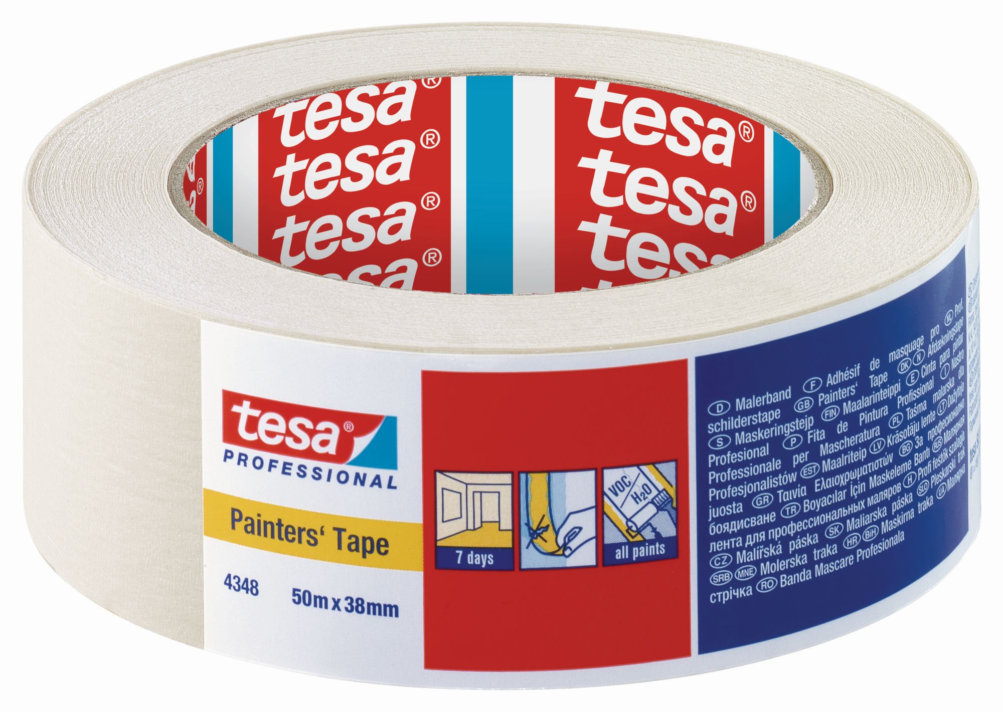 tesa 4348 Cinta para pintar Standard - Etiquetado individual, 50m x 38mm