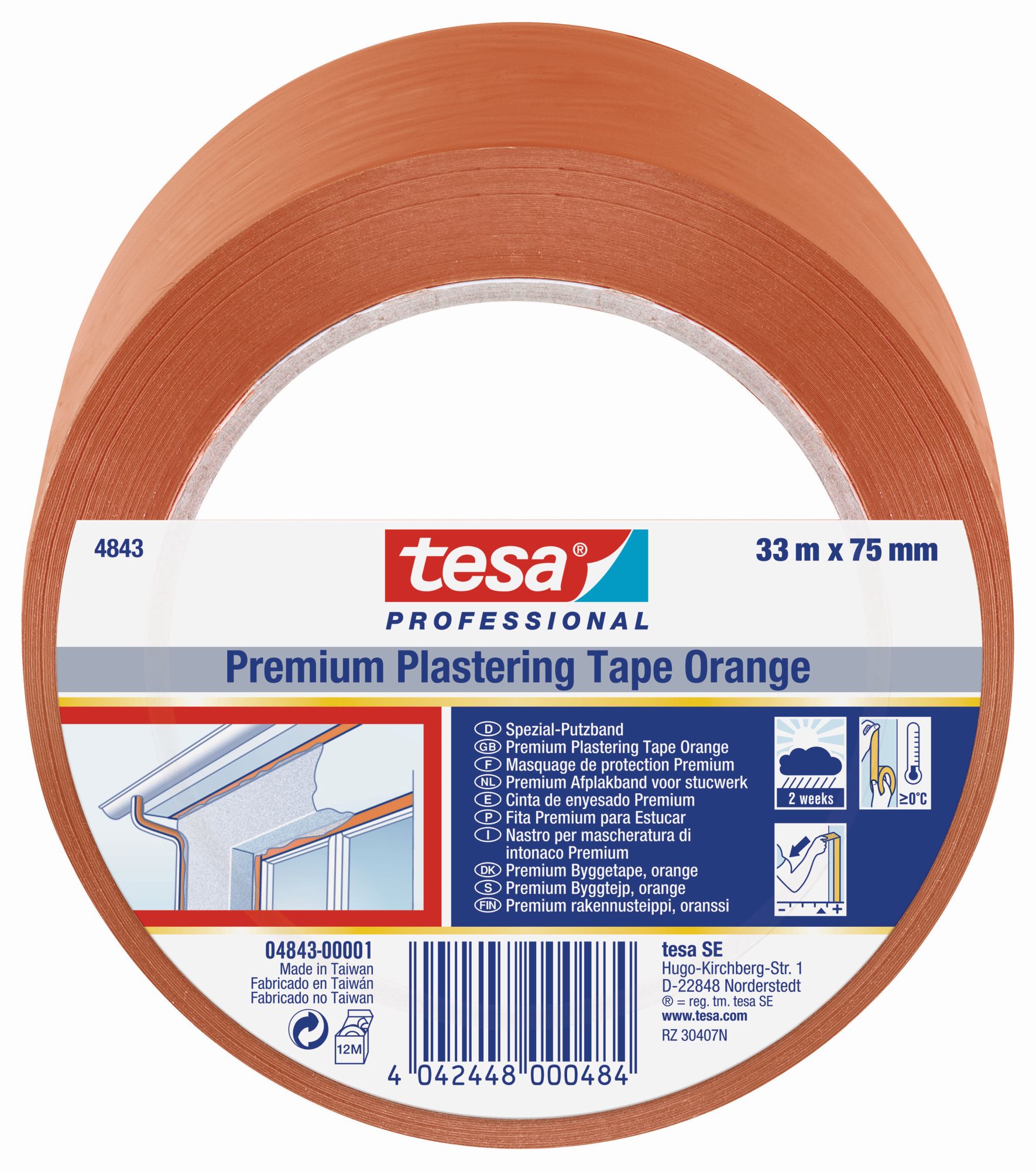 tesa 4843 Cinta de revoco Premium 33m x 75mm Naranja