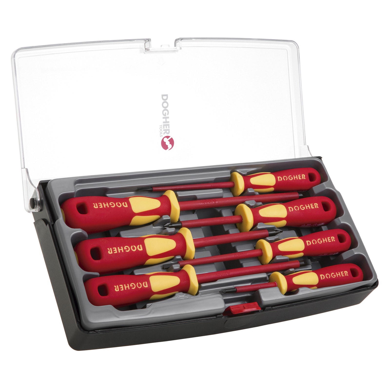 Juego 7 Destornillador Profesional Aislado DOGHER VDE 1000V CrMo Boca Recta-Pozidriv Estuche Plástico