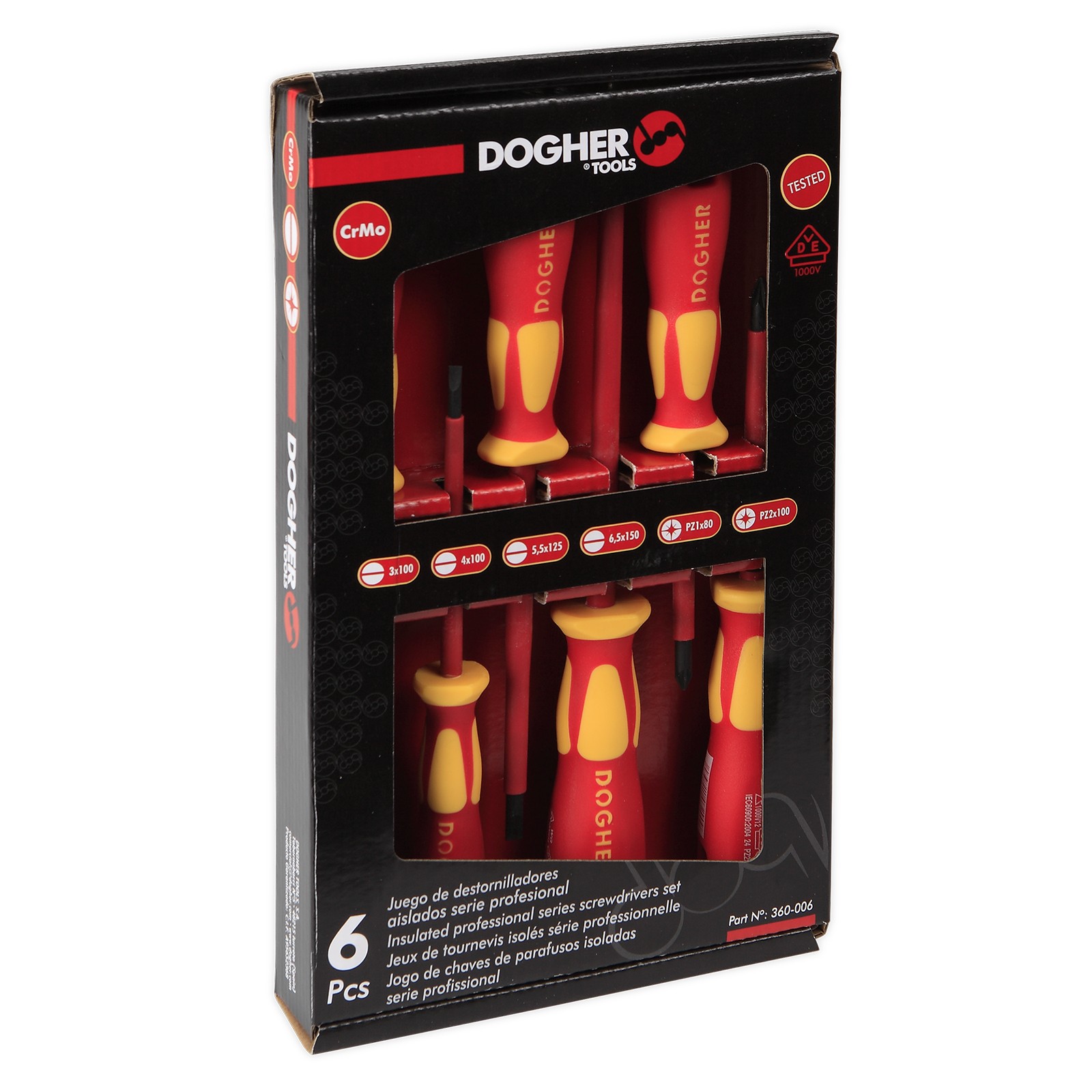 Juego 6 Destornillador Profesional Aislado DOGHER VDE 1000V CrMo Boca Recta-Phillips Cartón