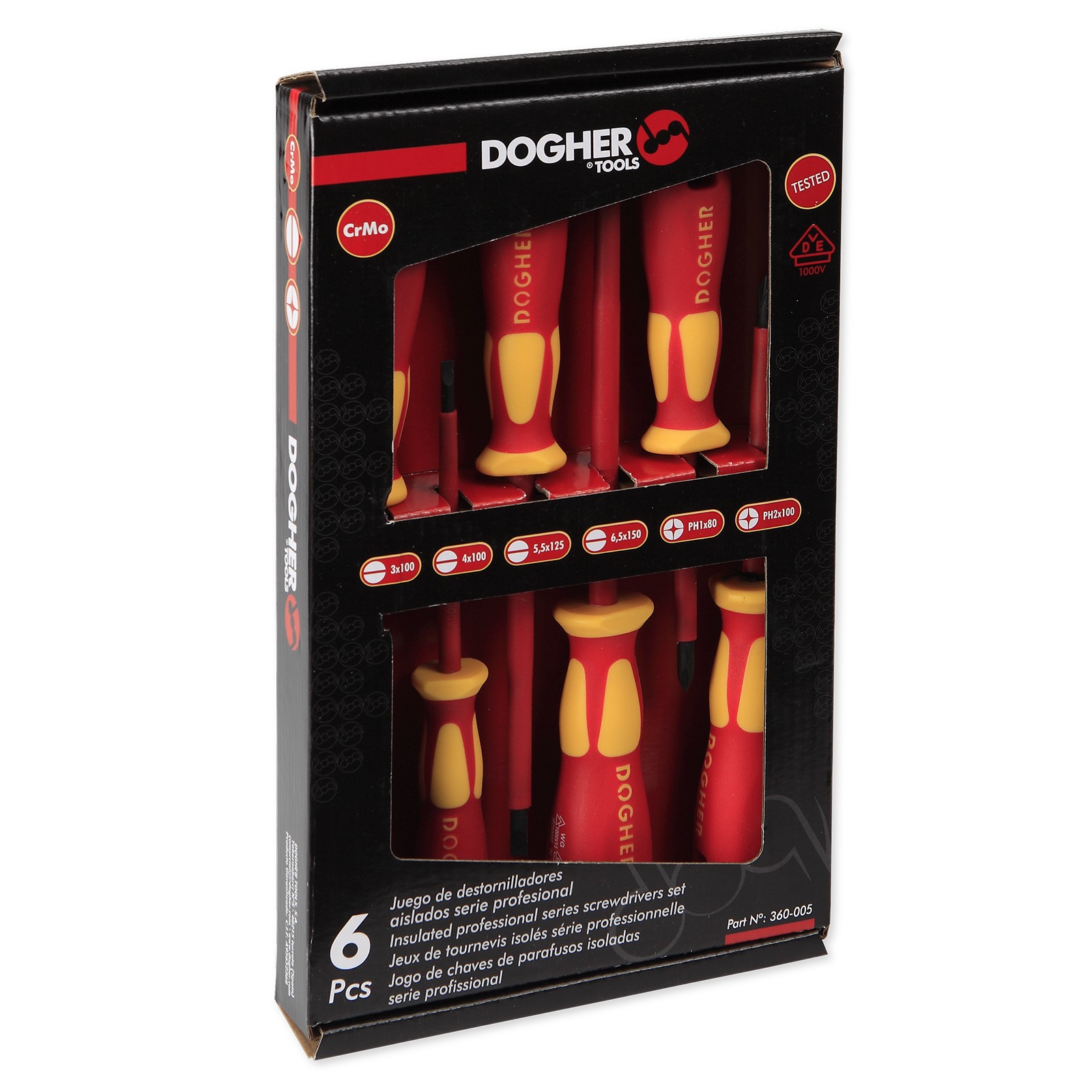 Juego 6 Destornillador Profesional Aislado DOGHER VDE 1000V CrMo Boca Recta-Pozidriv Cartón