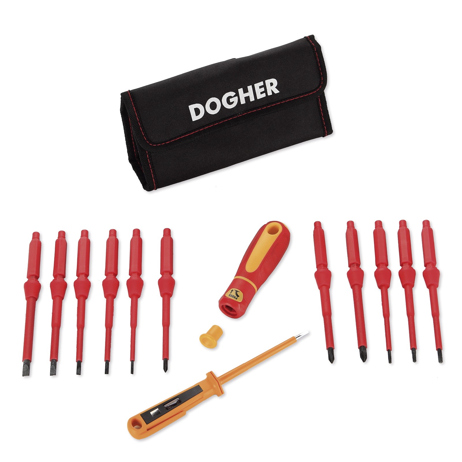 Juego 14 Piezas Destornillador DOGHER Varilla Intercambiable Aislada VDE 1000V CrMo Funda