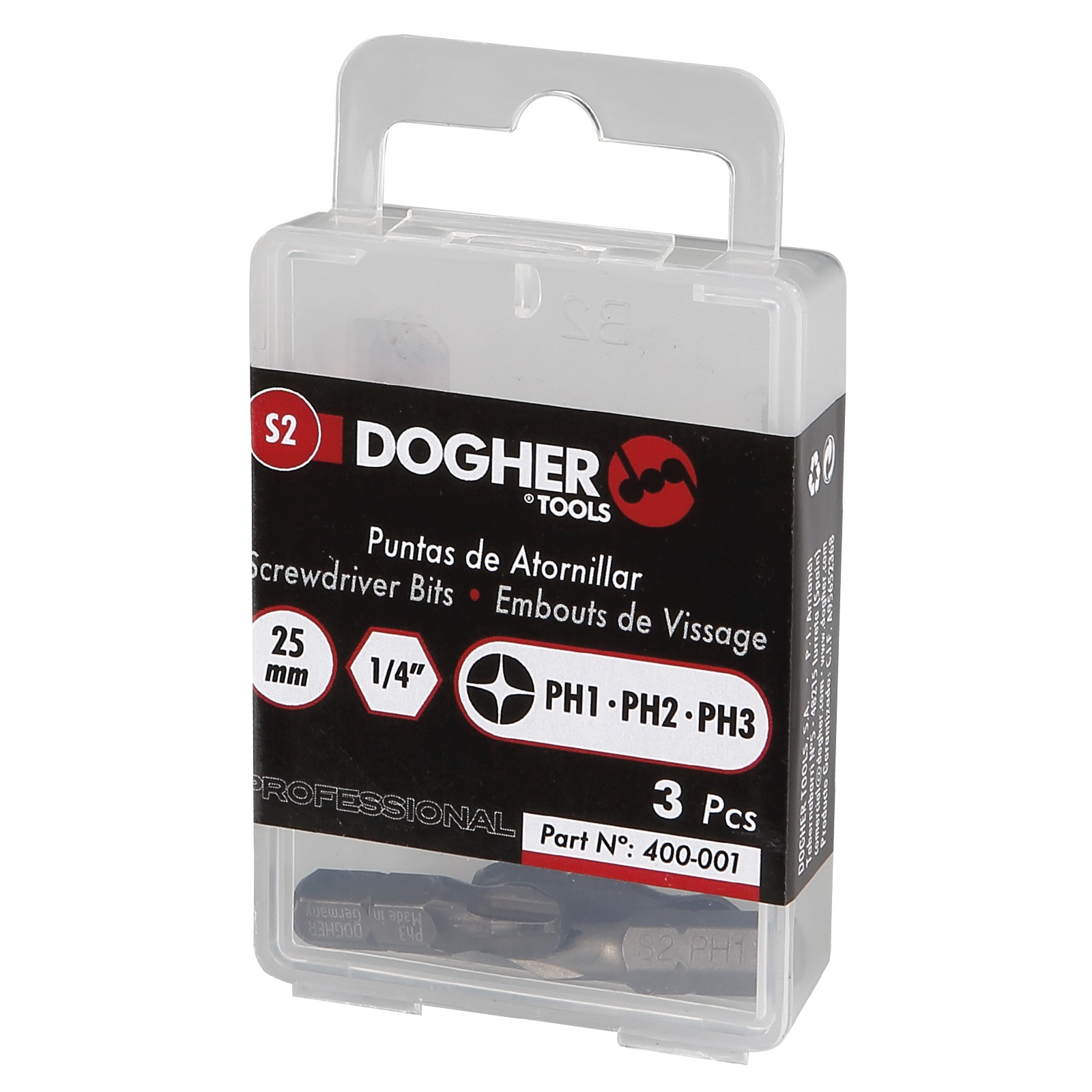 Caja de 3 Puntas de Atornillar DOGHER S2 25mm Phillips PH1+PH2+PH3