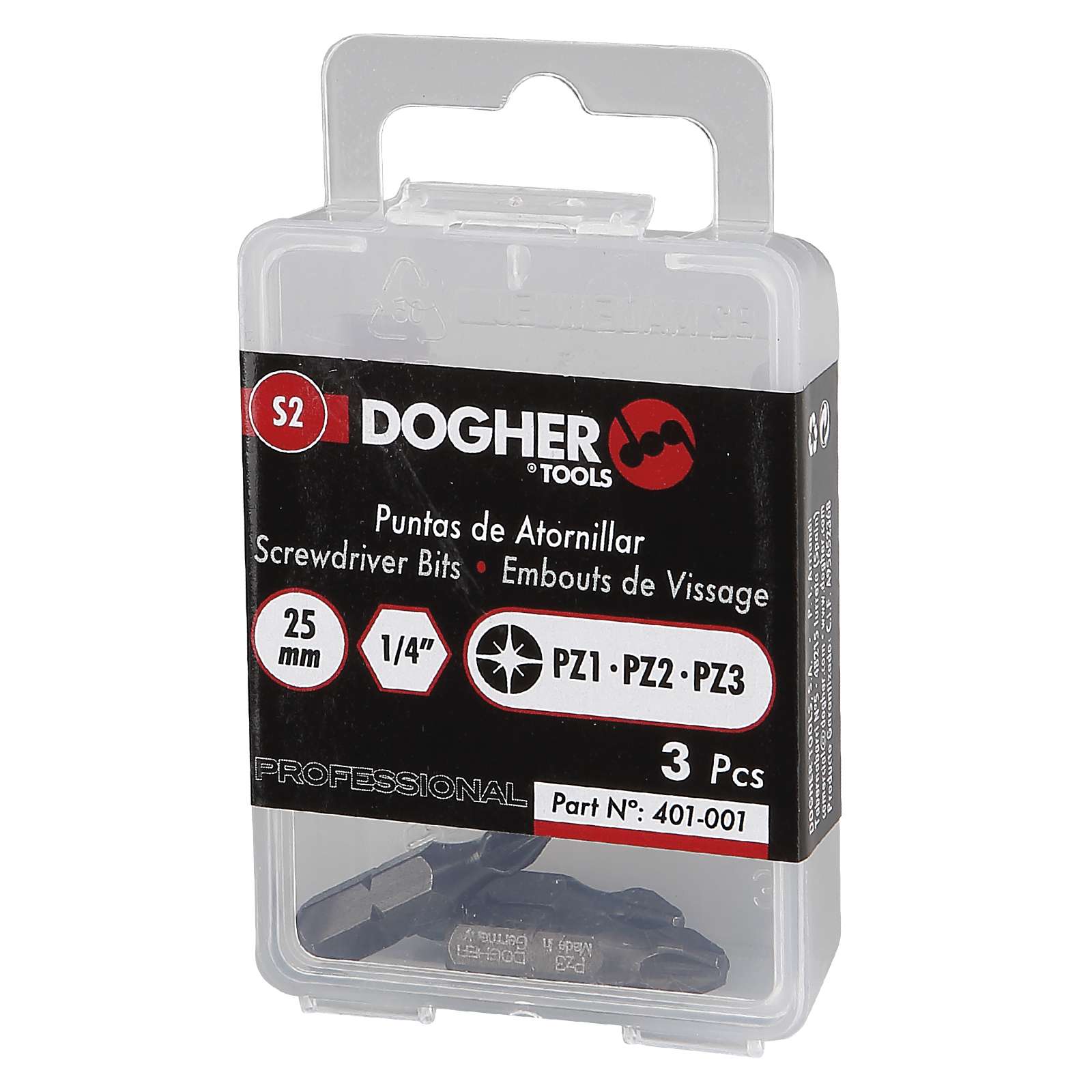 Caja de 3 Puntas de Atornillar DOGHER 25mm Pozidriv PZ1+PZ2+PZ3