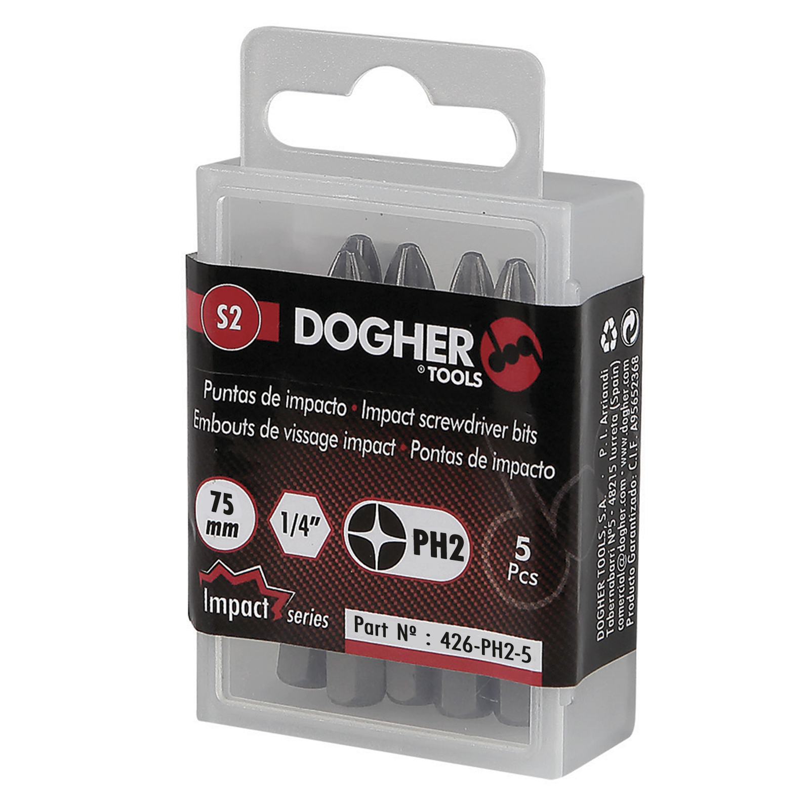 Caja 5 Puntas de Atornilllar DOGHER de Impacto S2 75mm Phillips