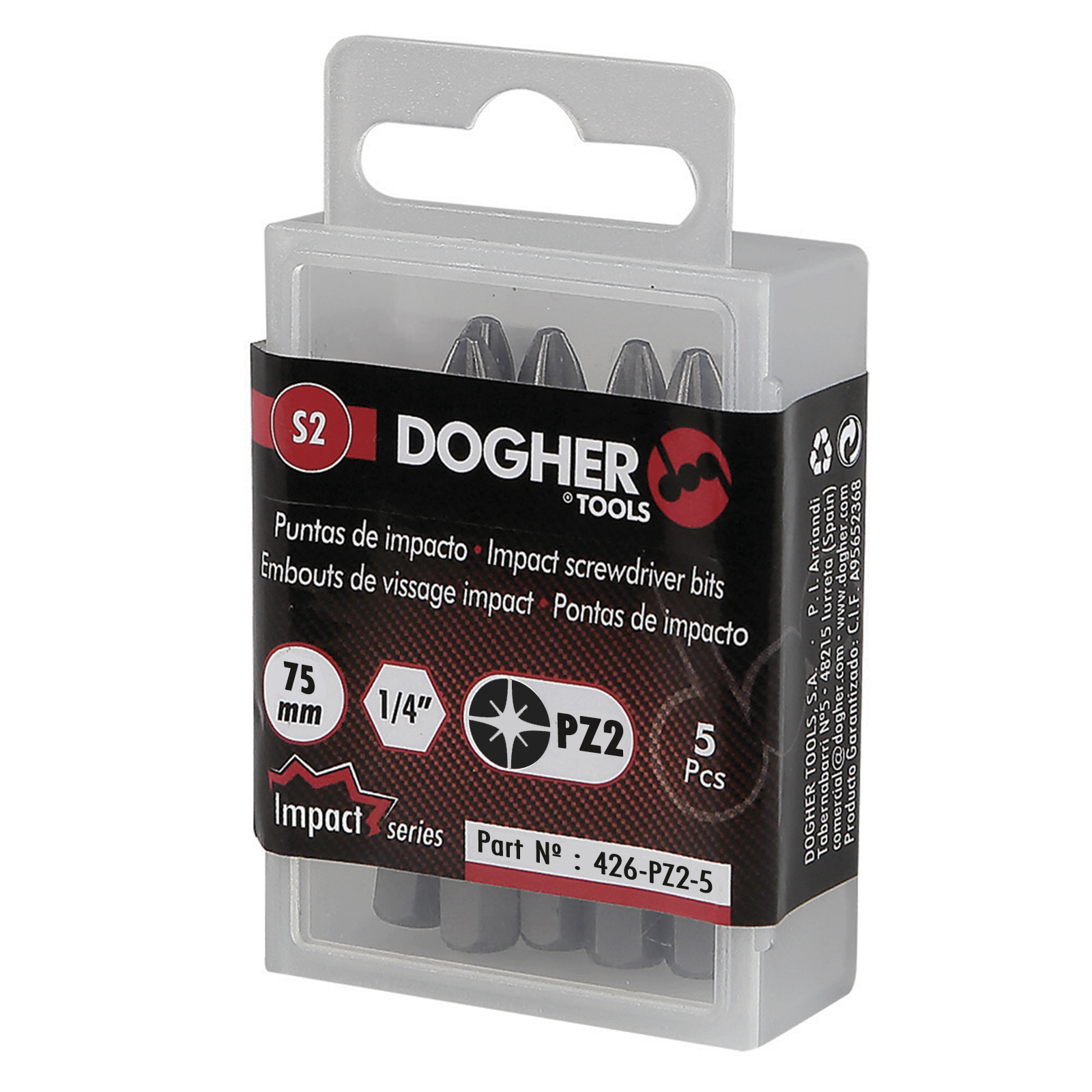 Caja 5 Puntas de Atornilllar DOGHER de Impacto S2 75mm Pozidriv