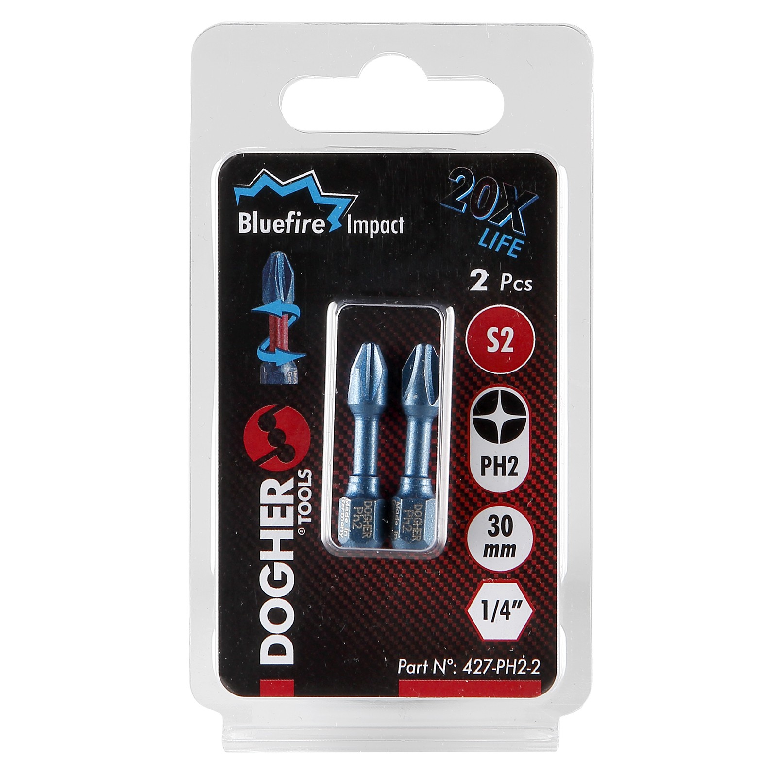 Imagen del producto Blíster 2 Puntas de Atornilllar de Impacto DOGHER Bluefire S2 30mm Phillips