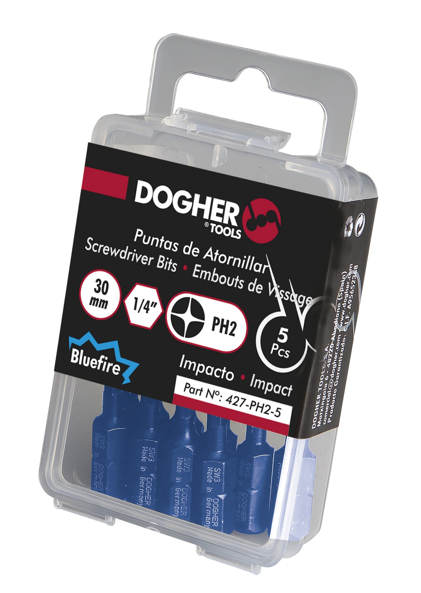 Caja 5 Puntas de Atornilllar de Impacto DOGHER Bluefire S2 30mm Phillips