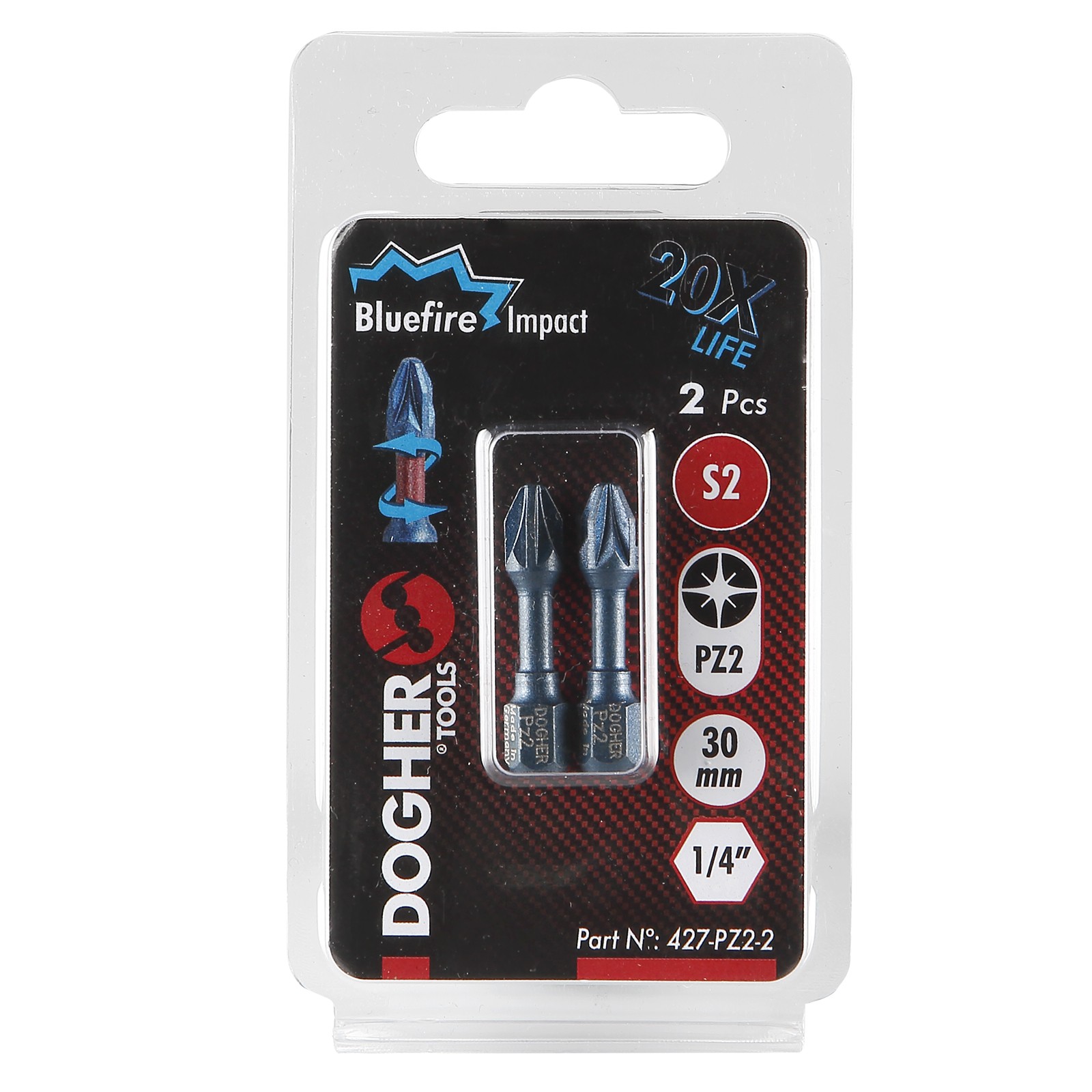 Imagen del producto Blíster 2 Puntas de Atornilllar de Impacto DOGHER Bluefire S2 30mm Pozidriv