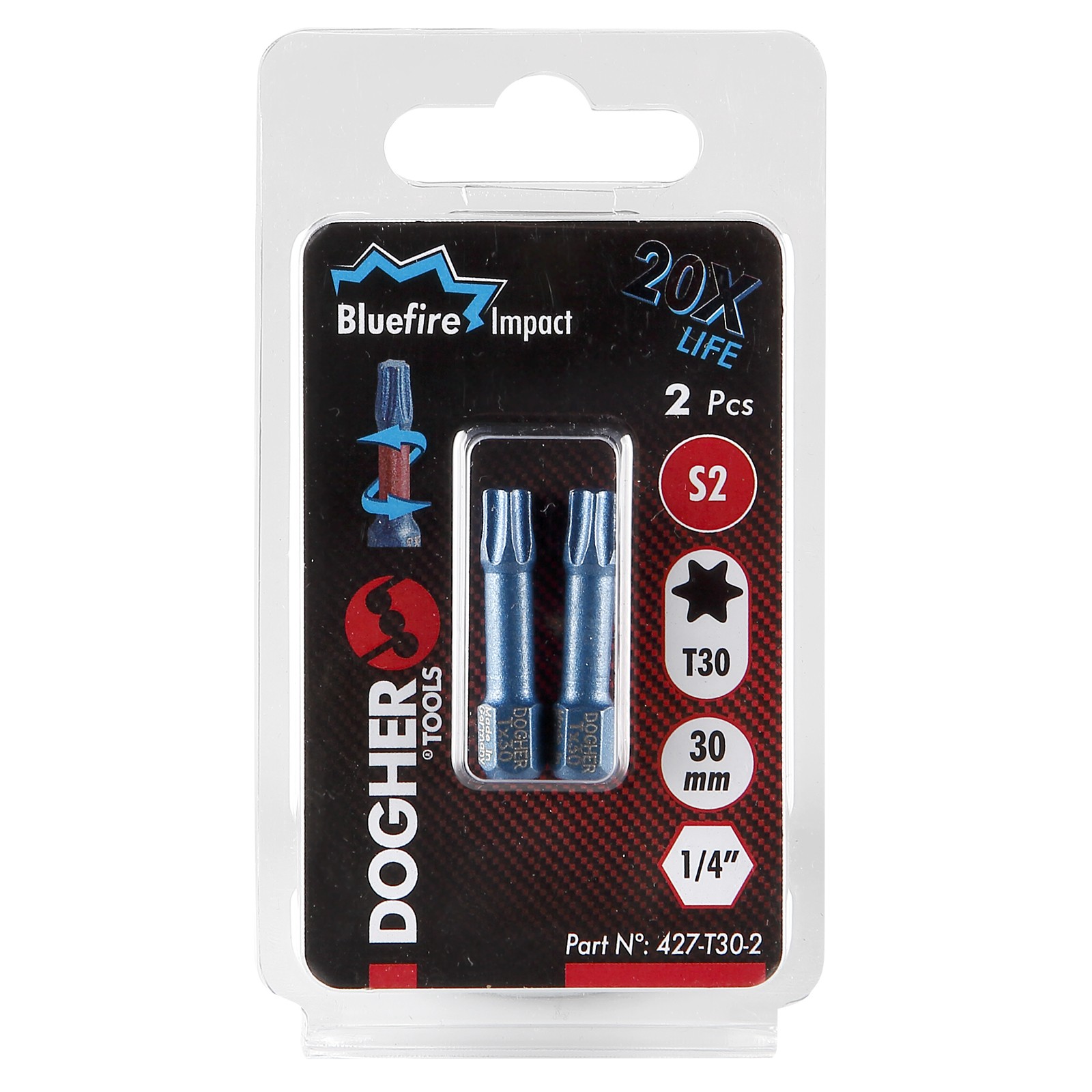 Imagen del producto Blíster 2 Puntas de Atornilllar de Impacto DOGHER Bluefire S2 30mm Torx
