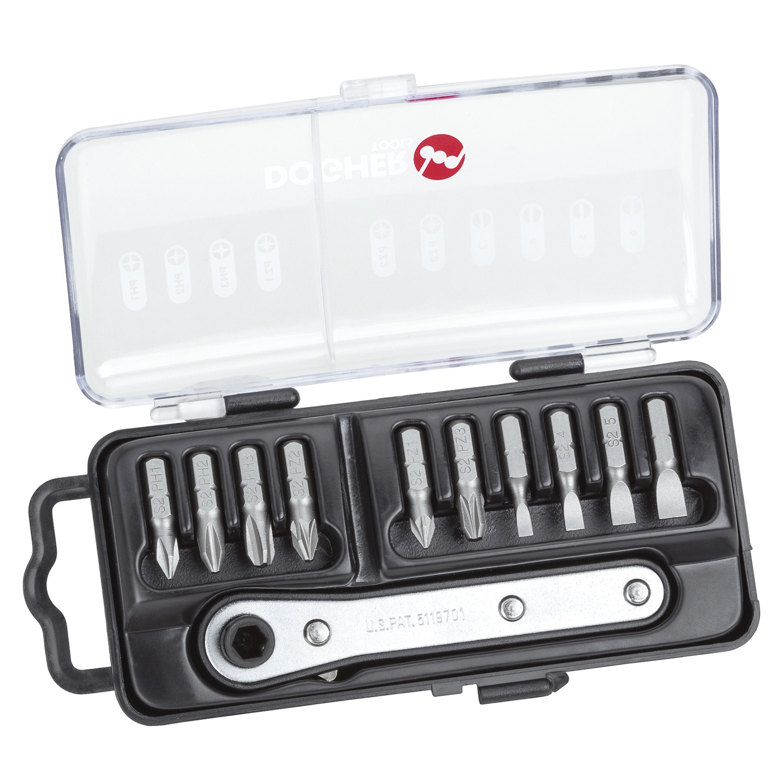 Expositor Mostrador Estuche 11 Piezas Puntas Atornillar DOGHER & Llave Carraca