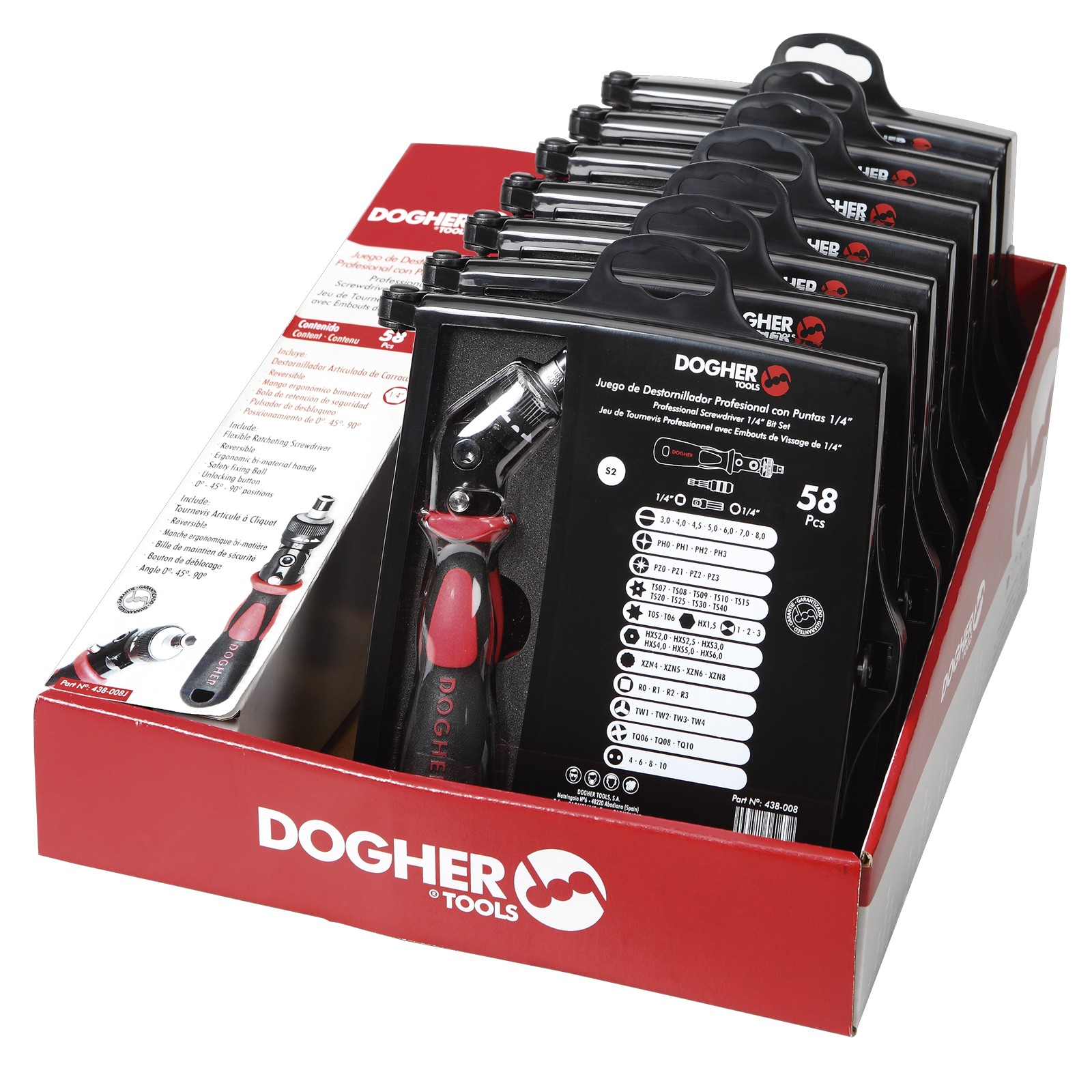 Expositor Mostrador Estuche 58 Piezas Puntas Atornillar DOGHER & Llave Carraca Flexible