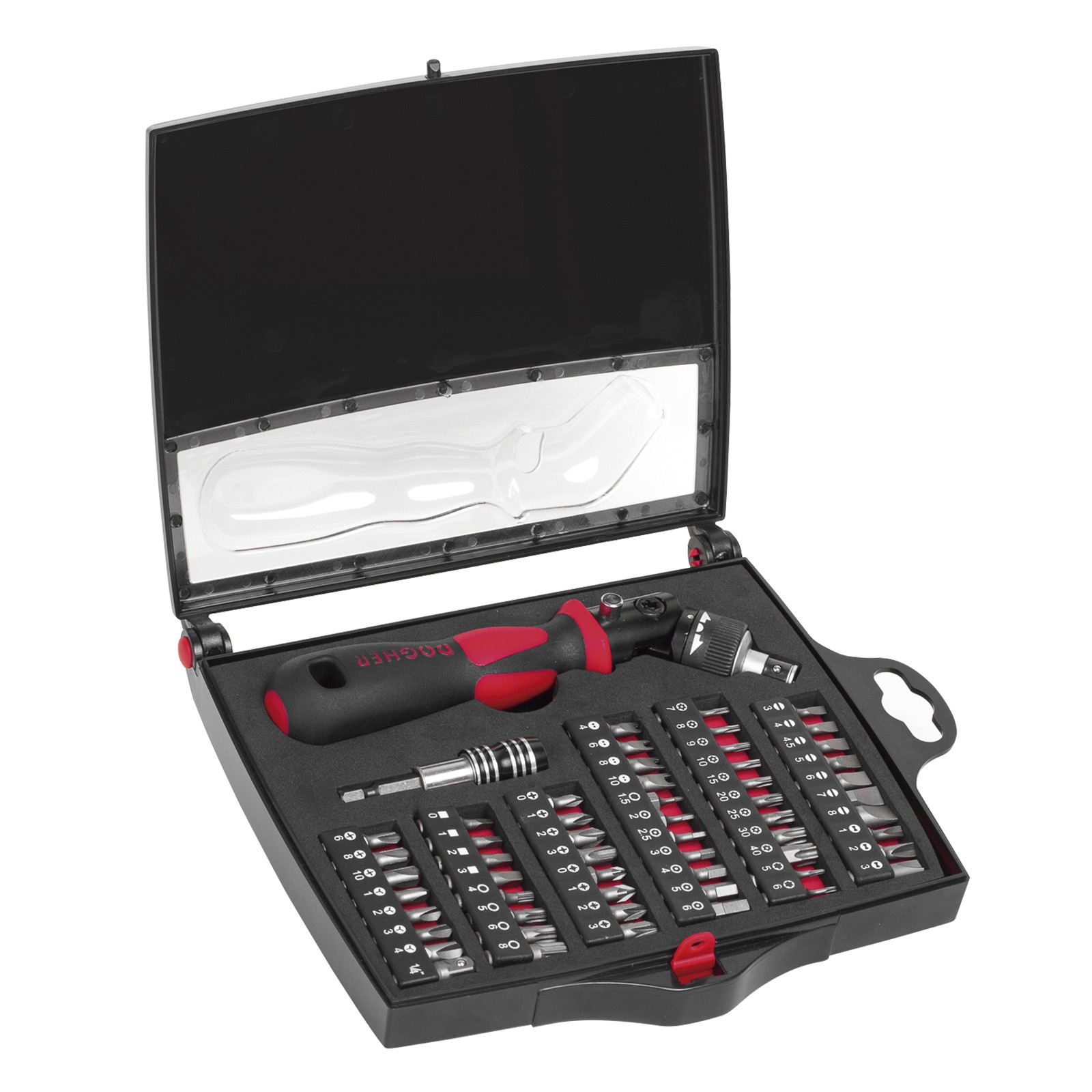 Expositor Mostrador Estuche 58 Piezas Puntas Atornillar DOGHER & Llave Carraca Flexible