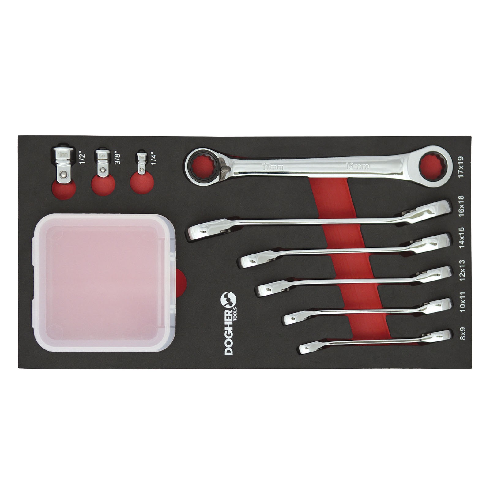 Bandeja Combinable DOGHER 1/3 - 6 Llaves Carraca Reversible Acodada 15º y 3 Adaptadores
