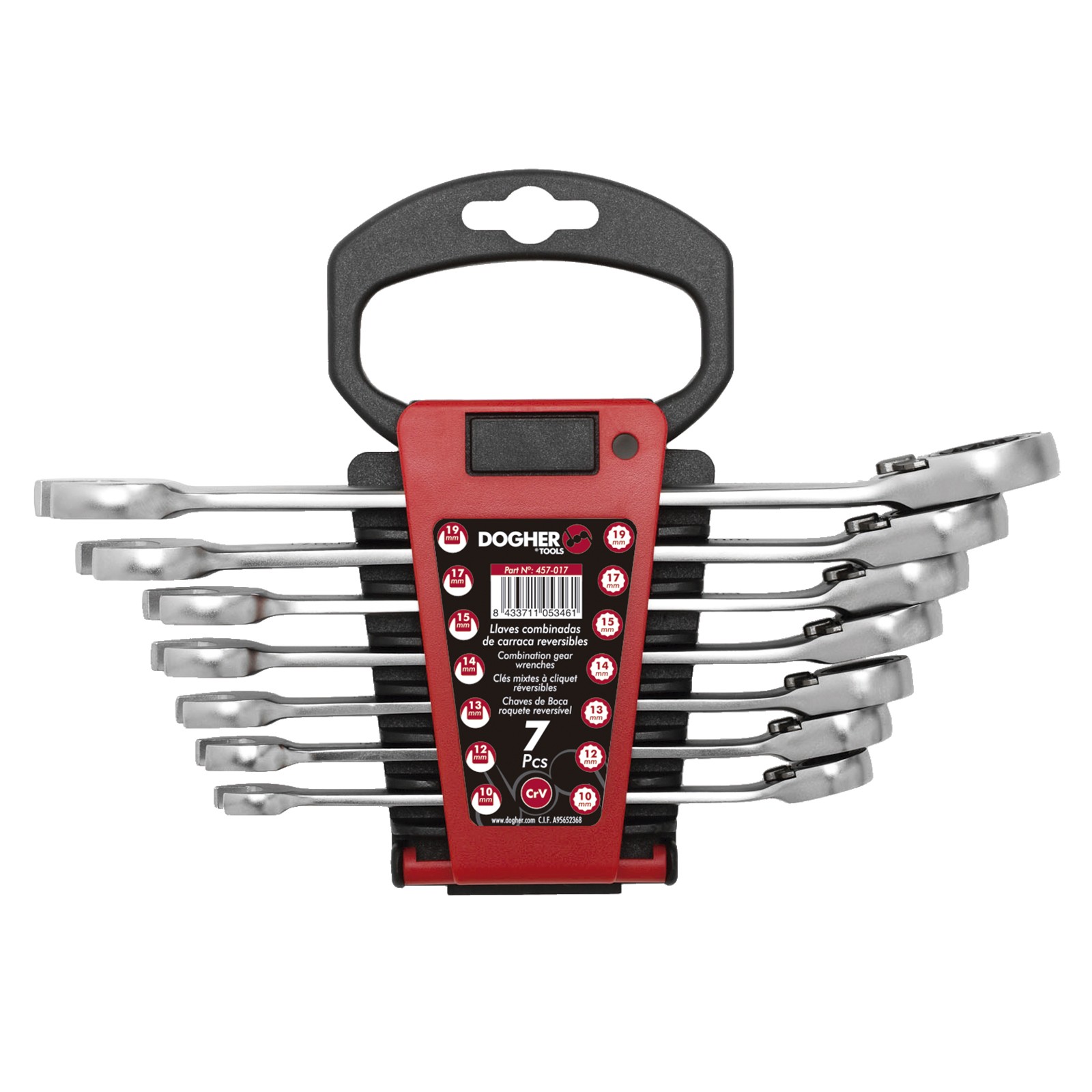 Juego 7 Llaves Combinadas DOGHER CrV Fija Carraca Reversible 10-19 Soporte Plástico