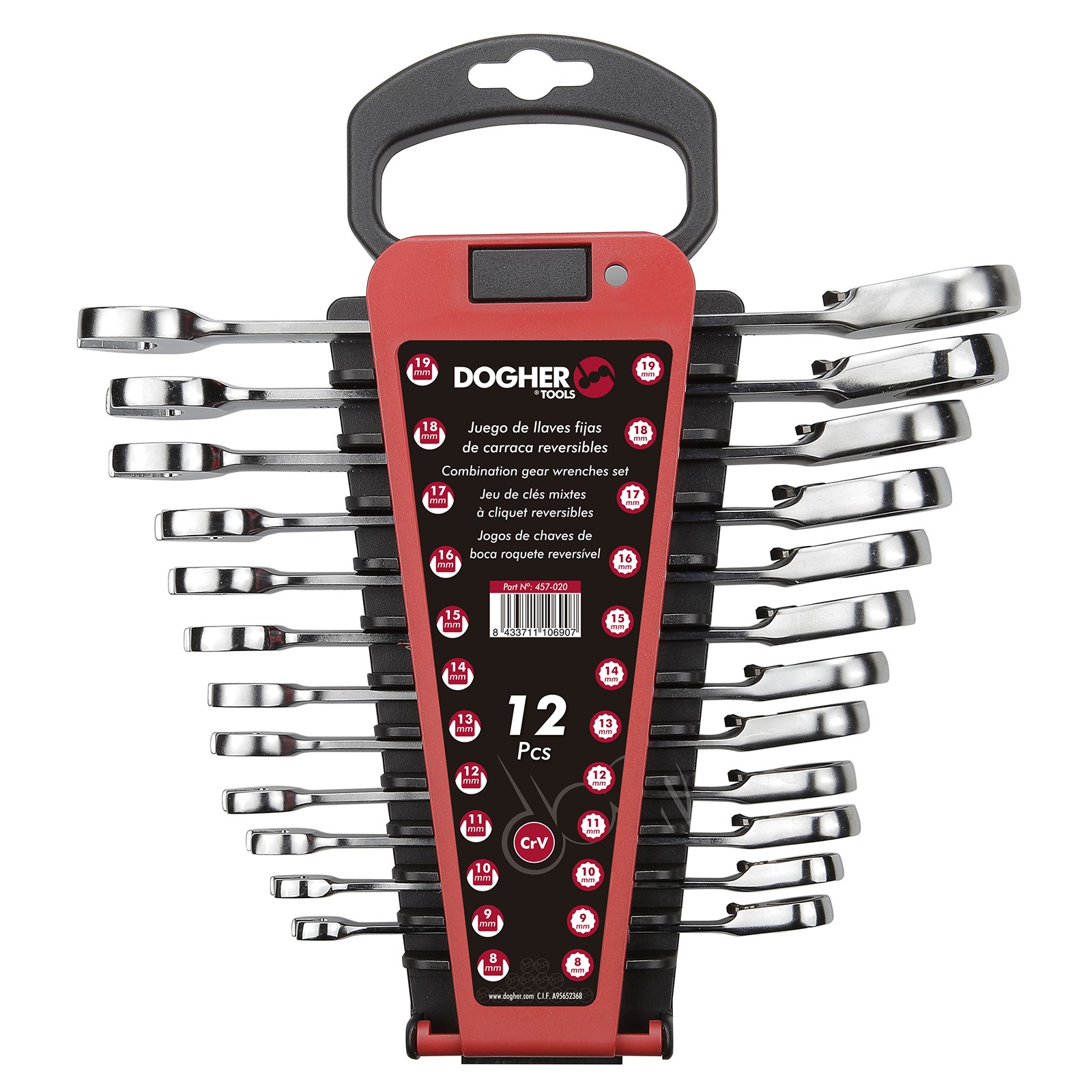Juego 12 Llaves Combinadas DOGHER CrV de Carraca Reversible 8-19 Soporte Plástico