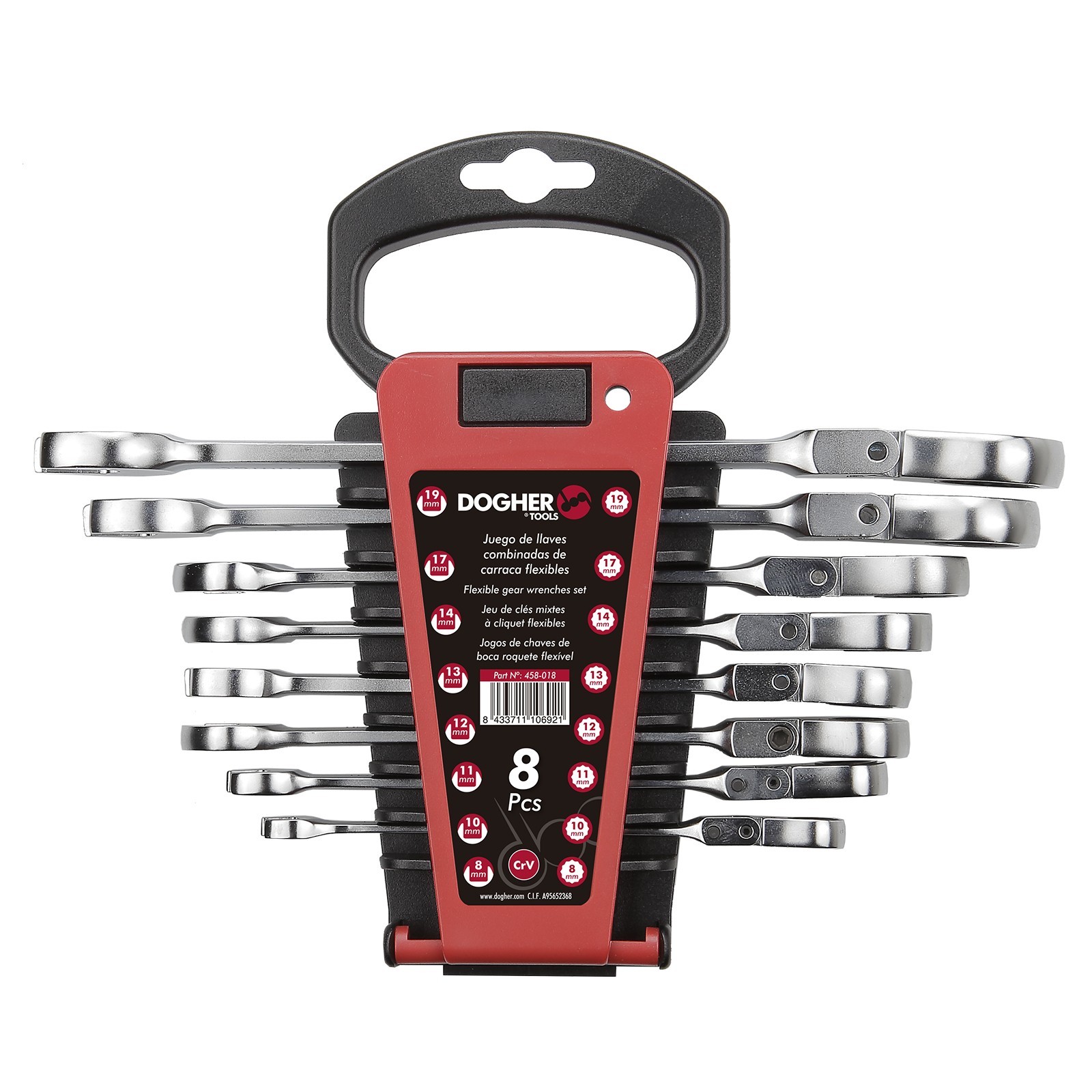 Juego 8 Llaves Combinadas DOGHER CrV de Carraca Flexible Soporte Plástico