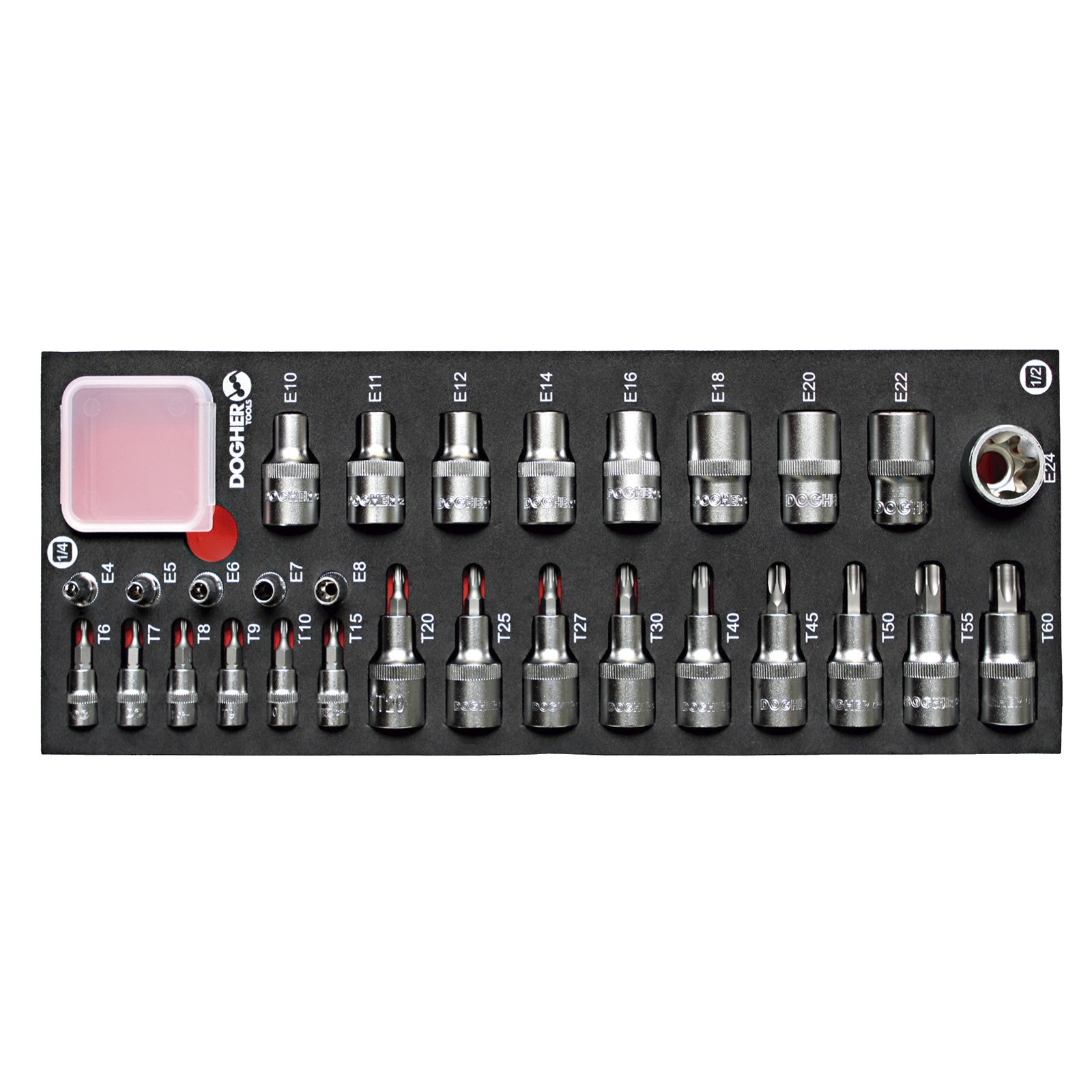 Bandeja Combinable DOGHER 1/4 - 29 Piezas - Vasos + Puntas Torx 1/4 - 1/2