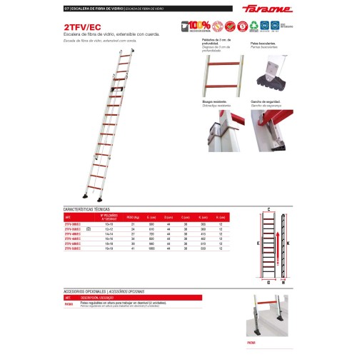 2TFV/EC | Escalera de fibra de vidrio extensible con cuerda