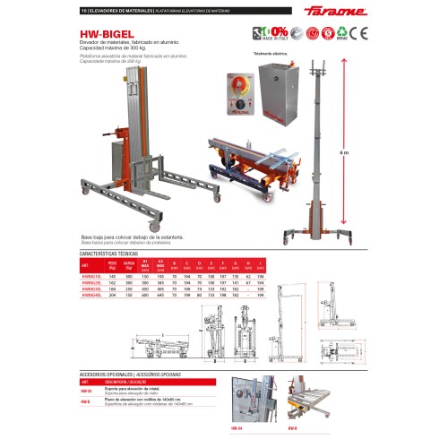 HW-BIGEL | Elevador de materiales en aluminio, máximo 300 kg.