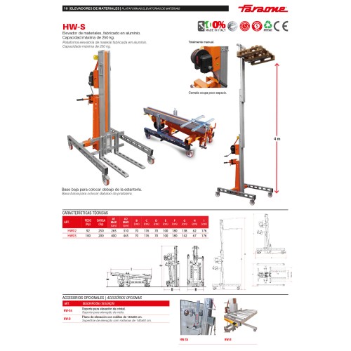 HW-S | Elevador de materiales en aluminio, manual.