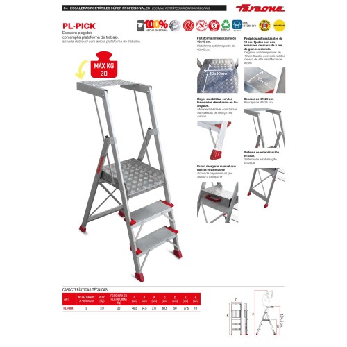 PL-PICK | Escalera plegable con amplia plataforma de trabajo y bandeja superior