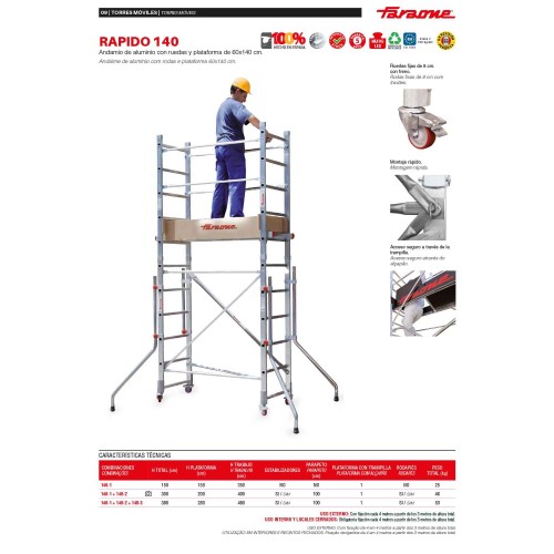 RAPIDO 140 | Andamio de aluminio con ruedas y plataforma de 140x60 cm.