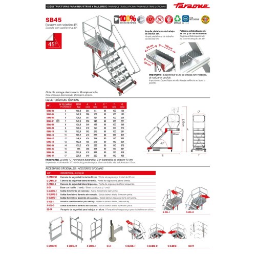 SB45 | Escalera de aluminio con plataforma y vuelo| Inclinación de 45º