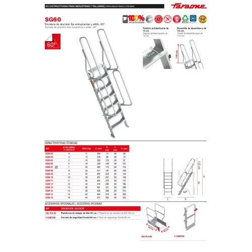 SG60 | Escalera de aluminio fija para entreplantas y altillos | Inclinación 60º