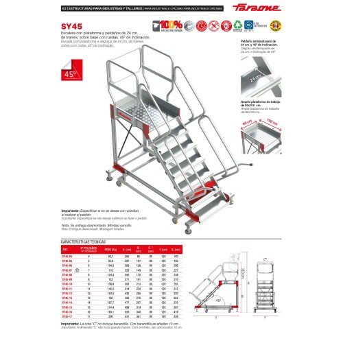 SY45 | Escalera con plataforma y cuatro ruedas | Inclinación de 45º