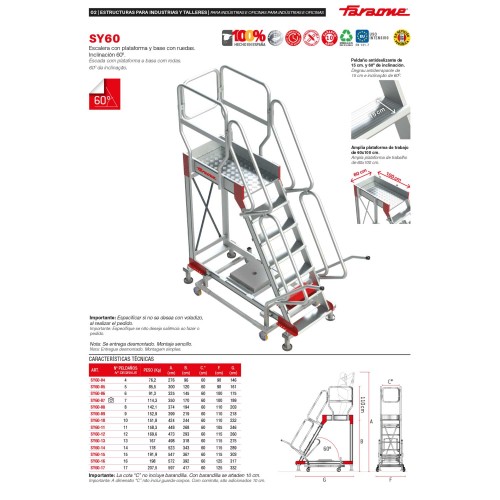 SY60 | Escalera de aluminio con plataforma y cuatro ruedas | Inclinación de 60º