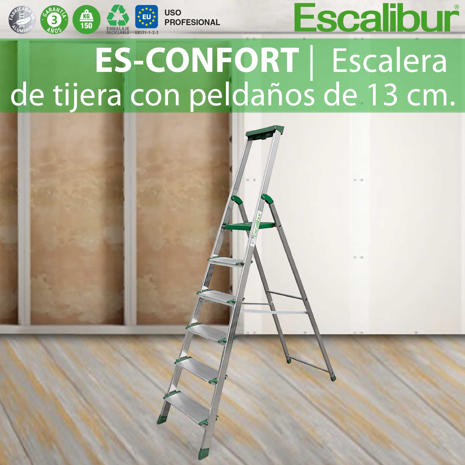 ES-CONFORT | Escalera de tijera con peldaños de 13 cm.