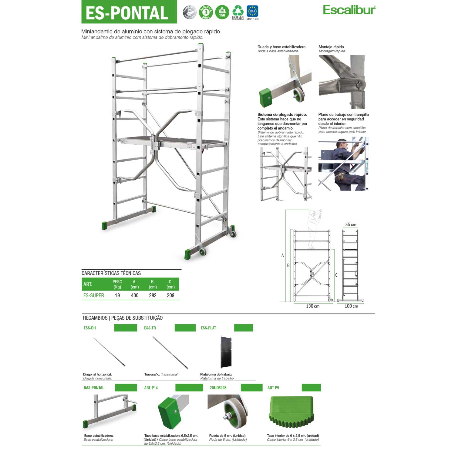 Miniandamio de aluminio con sistema de plegado rápido de 2,82 metros de altura de estructura.