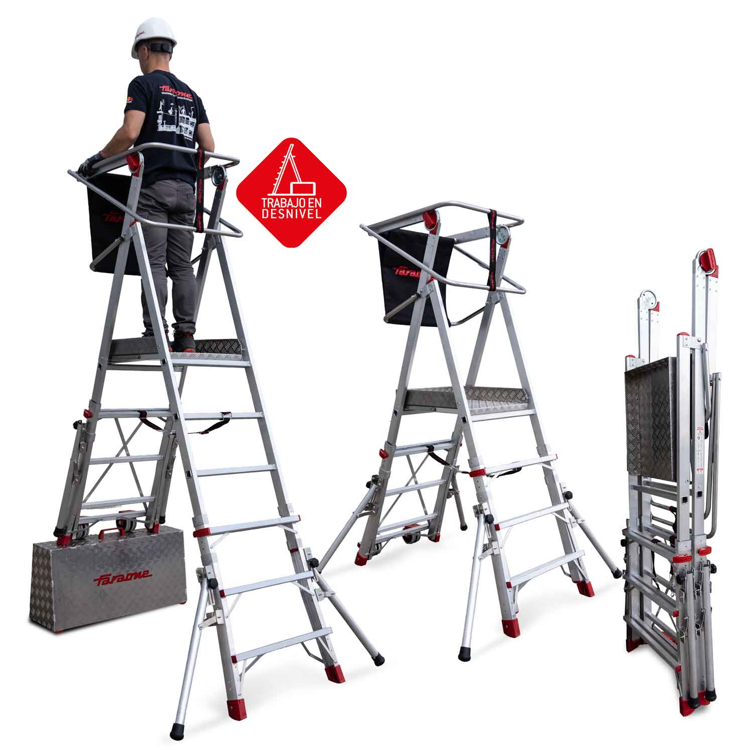 PLS | Escalera con amplia plataforma, estabilizadores de serie y 4 peldaños.