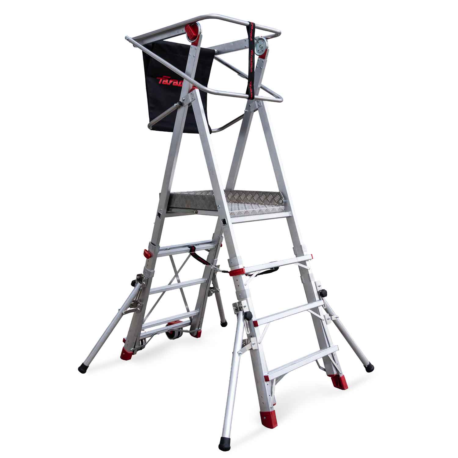 PLS | Escalera con amplia plataforma, estabilizadores de serie y 4 peldaños.