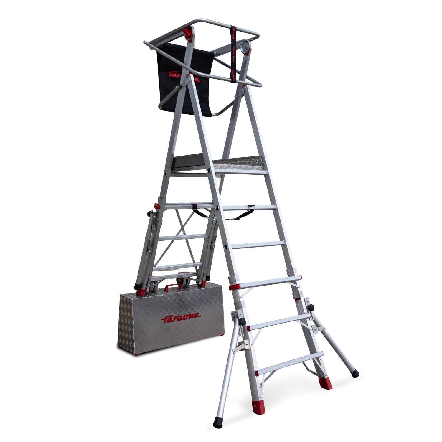 PLS | Escalera con amplia plataforma, estabilizadores de serie y 4 peldaños.