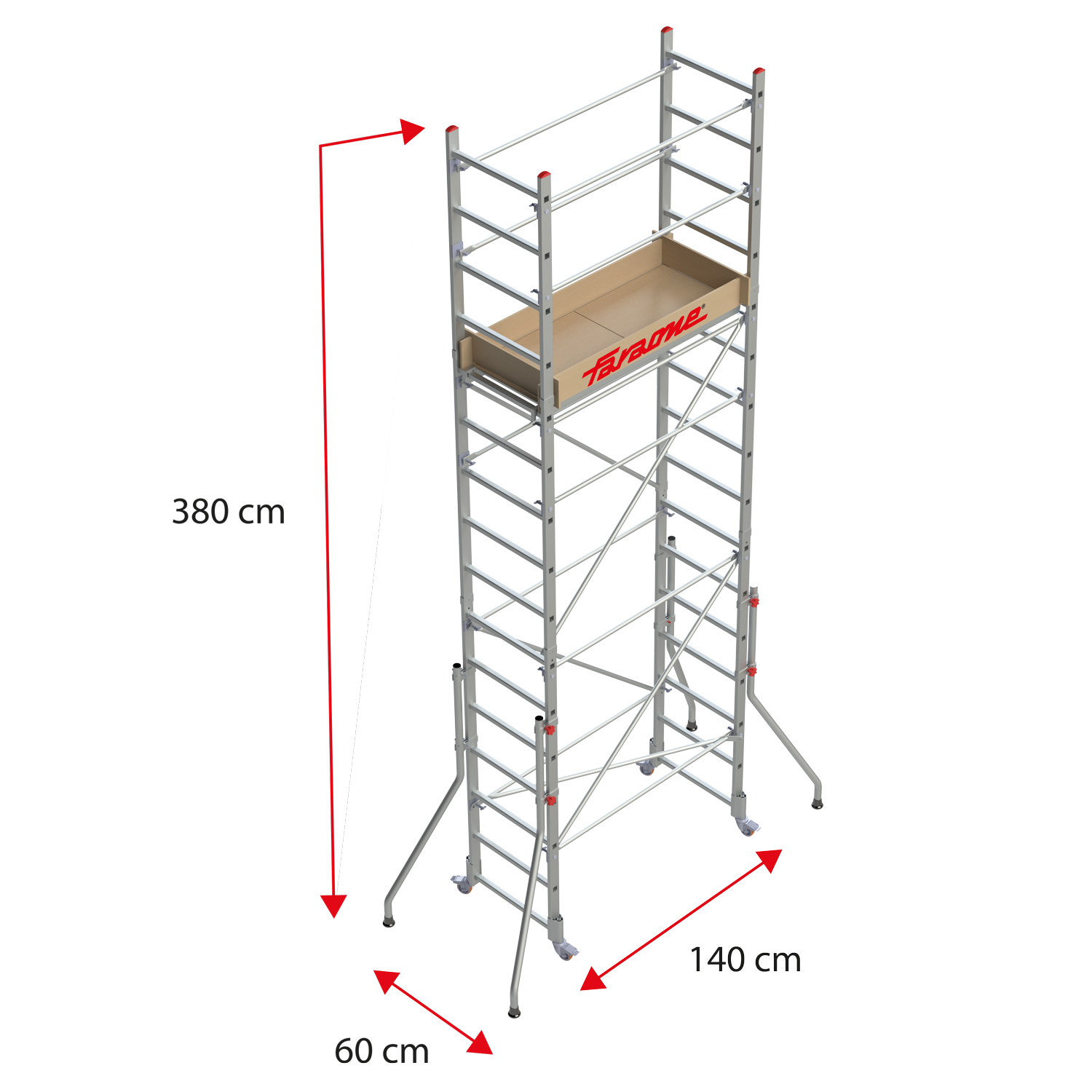 RAPIDO 140 | Andamio de aluminio con ruedas y plataforma de 140x60 cm. Altura de trabajo H380CM
