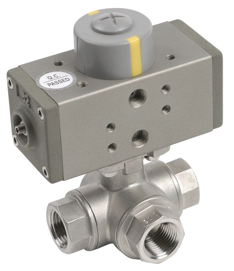 5200919 Válvula Esfera Tres Vías Paso En T Con Pletina ISO Con Actuador Doble Efecto