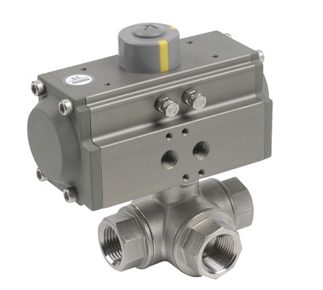 5100918 Válvula Esfera Tres Vías Paso En L Con Pletina ISO Con Actuador Simple Efecto