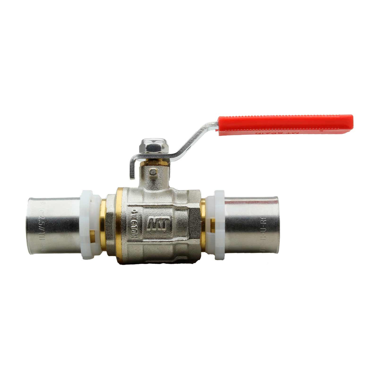 40642 Válvula Esfera Conexión Multicapa Prensar PN30 Con Palanca De Acero Inoxidable Maneta Ergonómica Color Rojo
