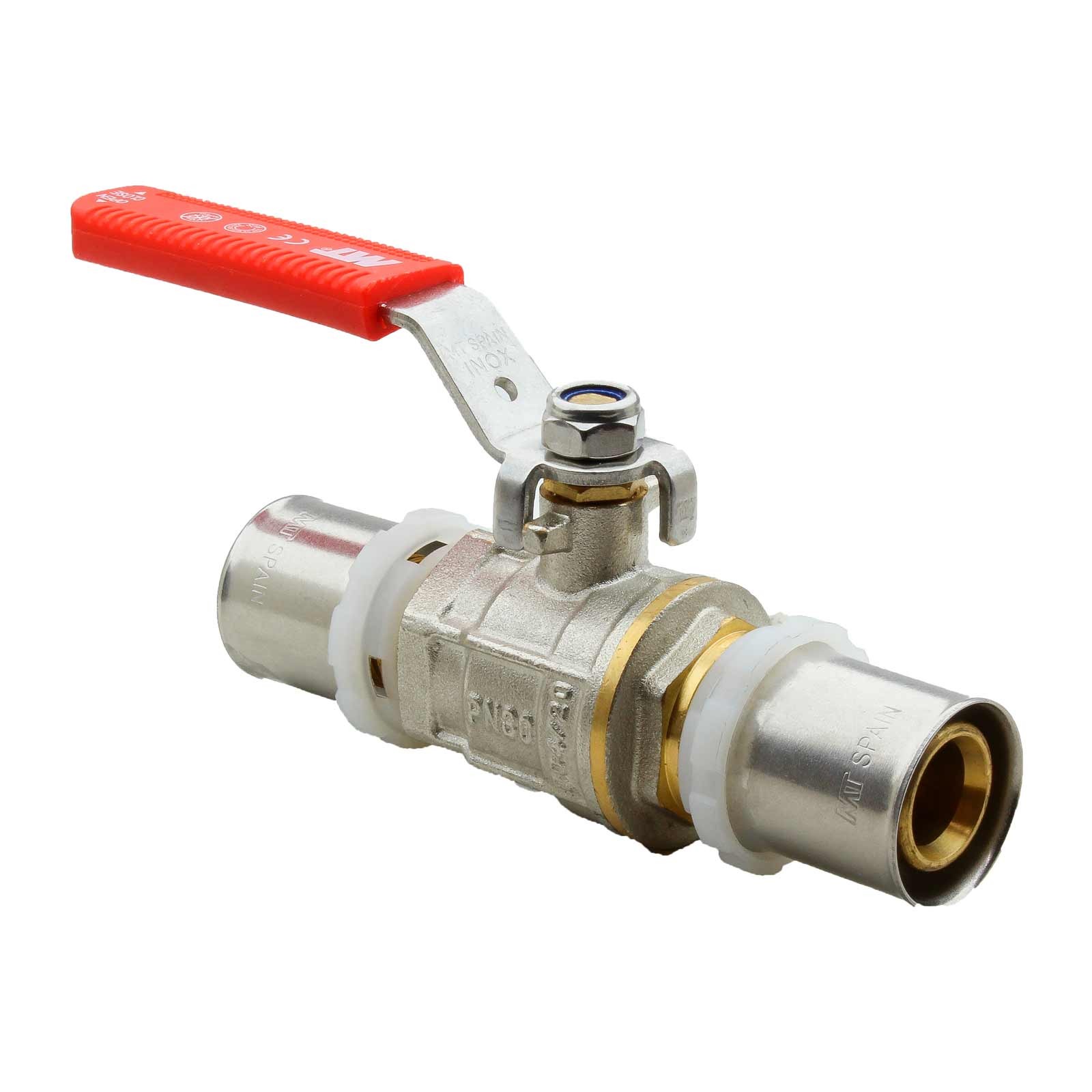 40642 Válvula Esfera Conexión Multicapa Prensar PN30 Con Palanca De Acero Inoxidable Maneta Ergonómica Color Rojo