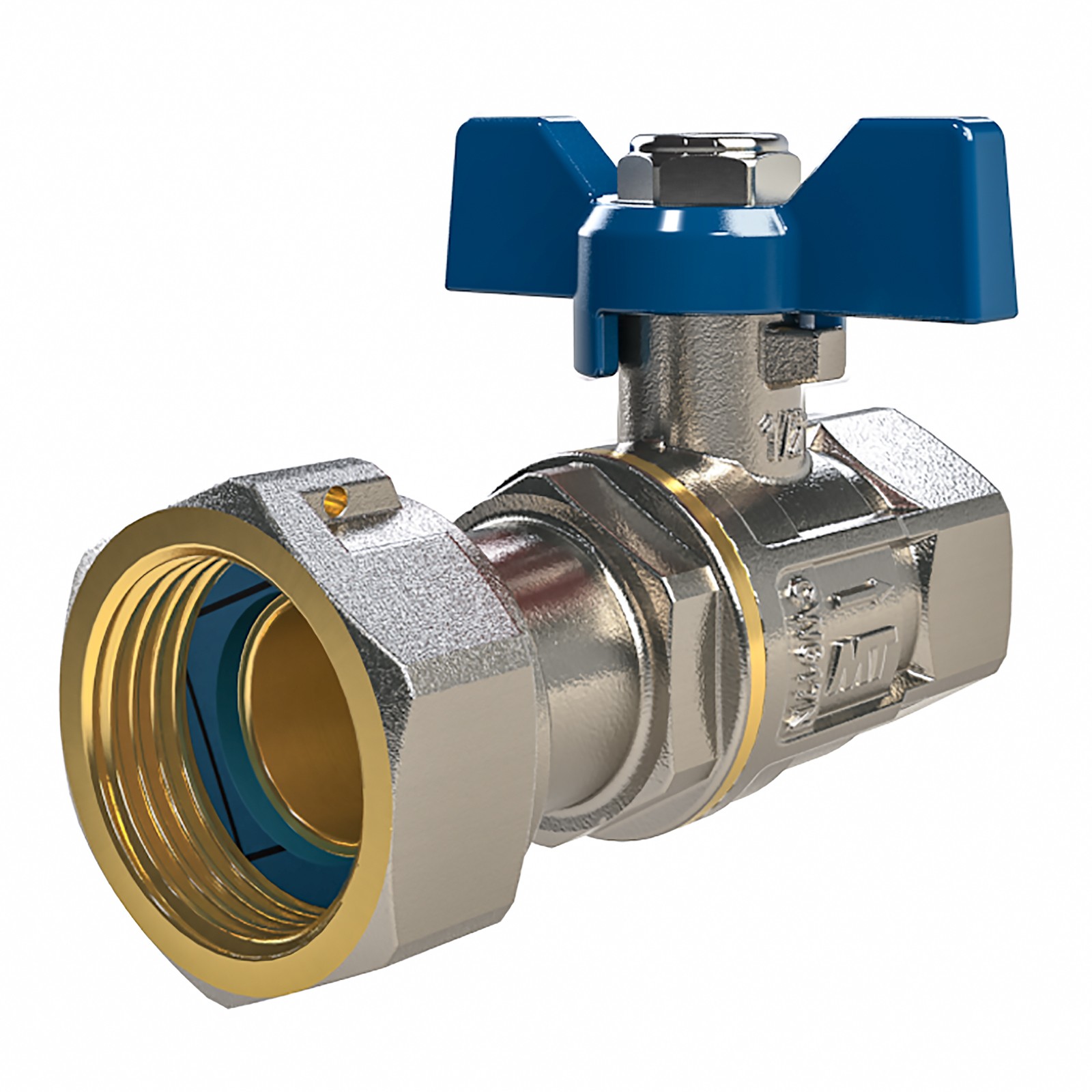 40842 Válvula Esfera Antirretorno H-H PN16 Tuerca Móvil Con Mando Palomilla Color Azul