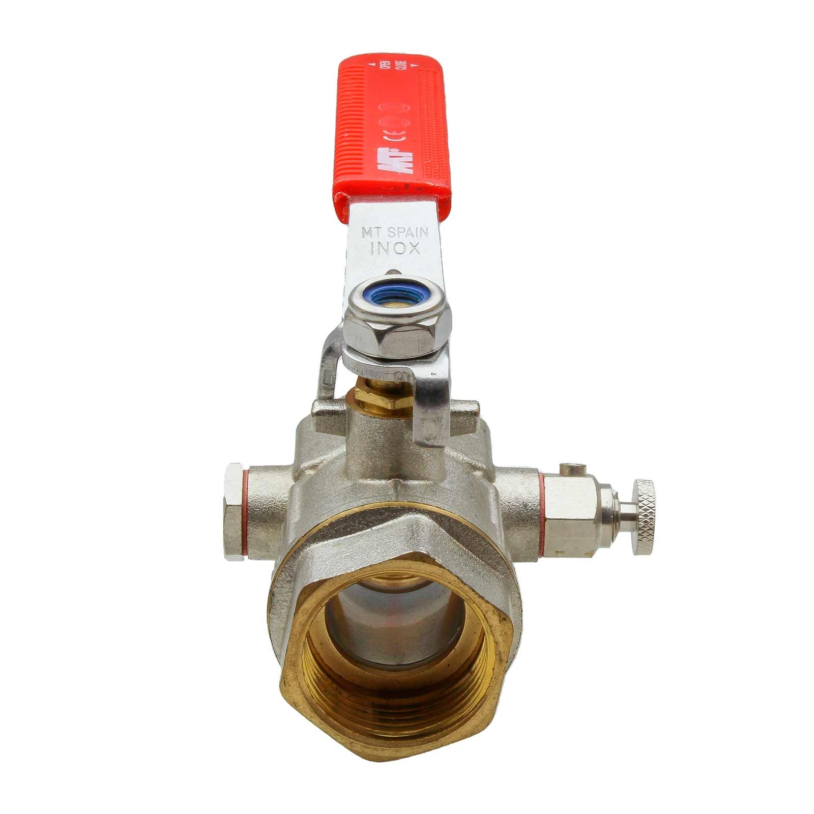 4099 Válvula Esfera H-H PN25 Doble Toma Con Purga Y Palanca de Acero Inoxidable Color Rojo