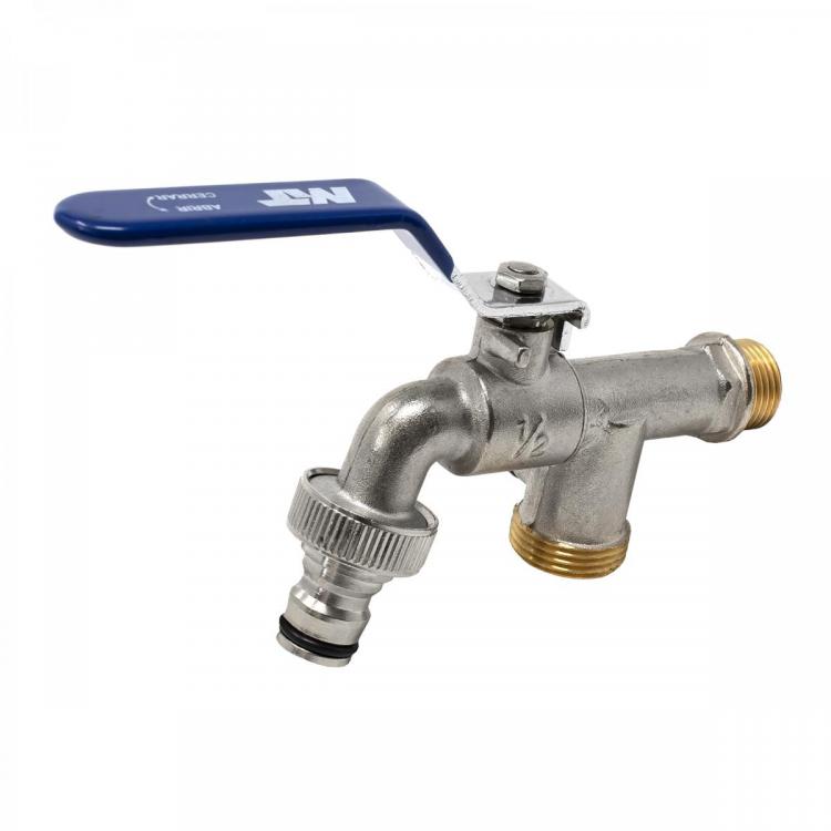 4148 Grifo Esfera Jardín Con Dos Salidas Enchufe Rápido PN-16 Palanca Cromada