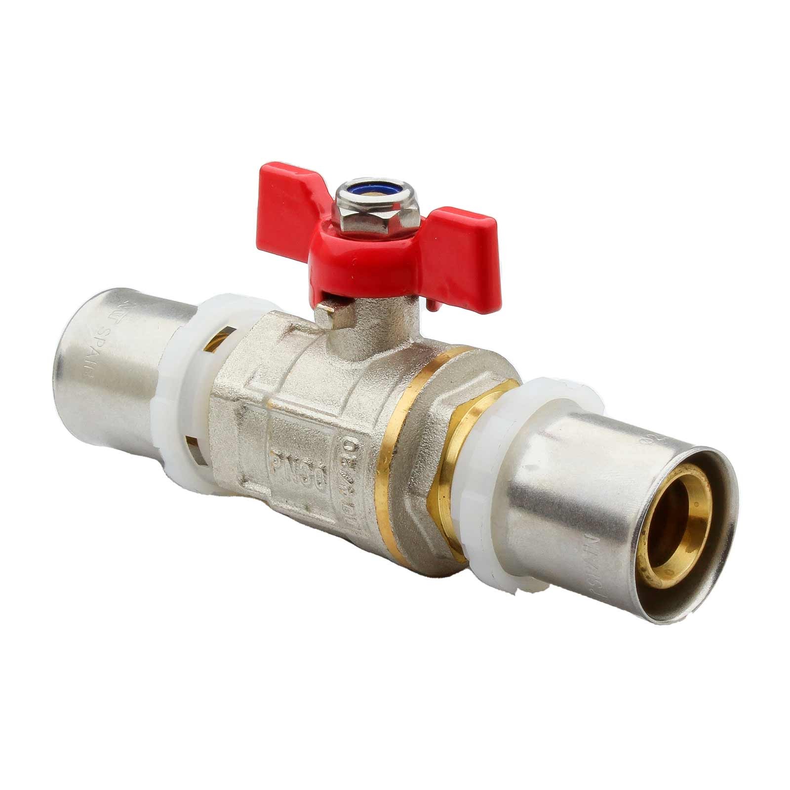 41642 Válvula Esfera Conexión Multicapa Prensar PN30 Mando Palomilla Color Rojo